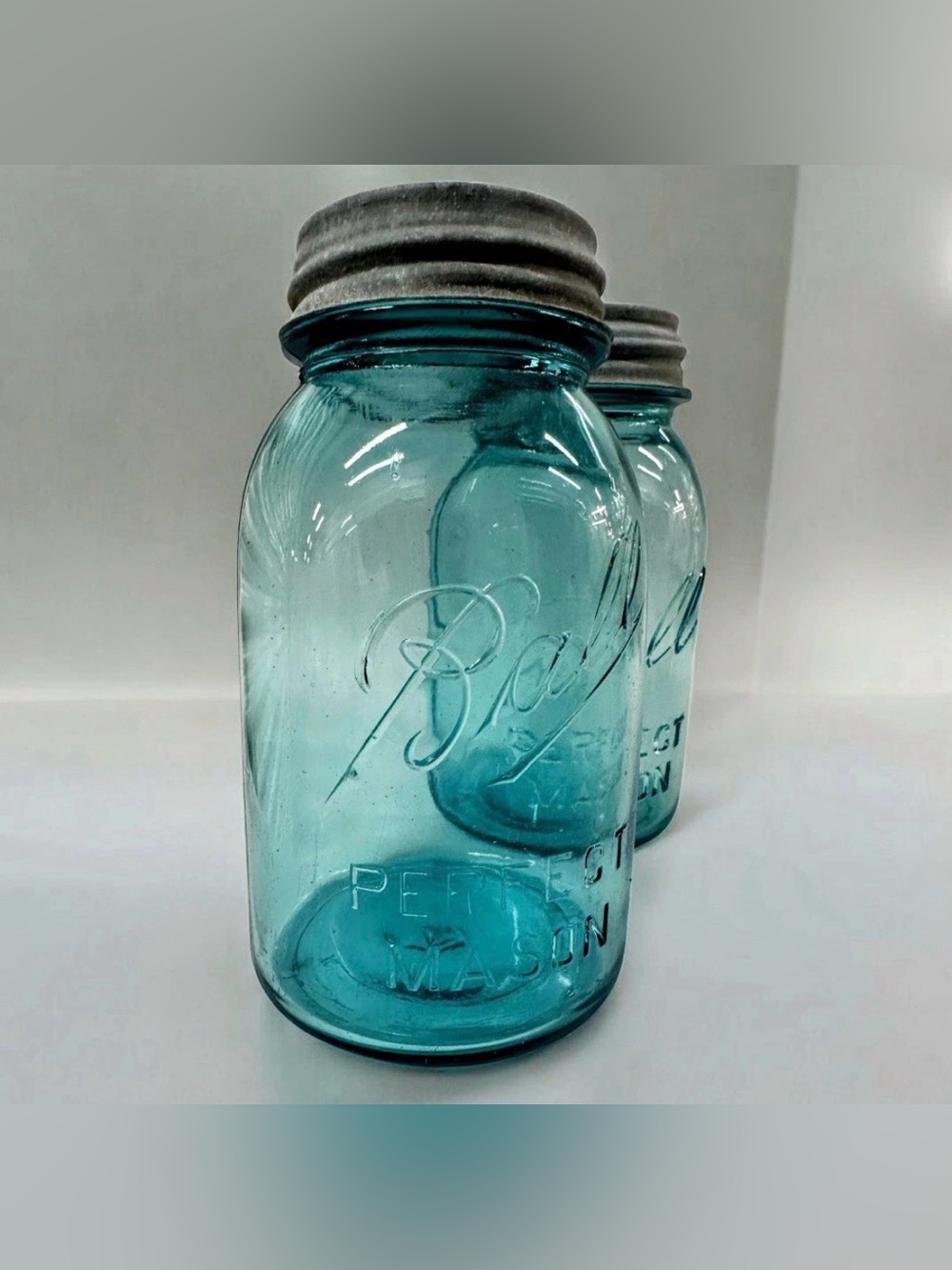 Pair Antique Ball Perfect Mason Ball Blue Aqua Jars Original Zinc Lids c1923-33